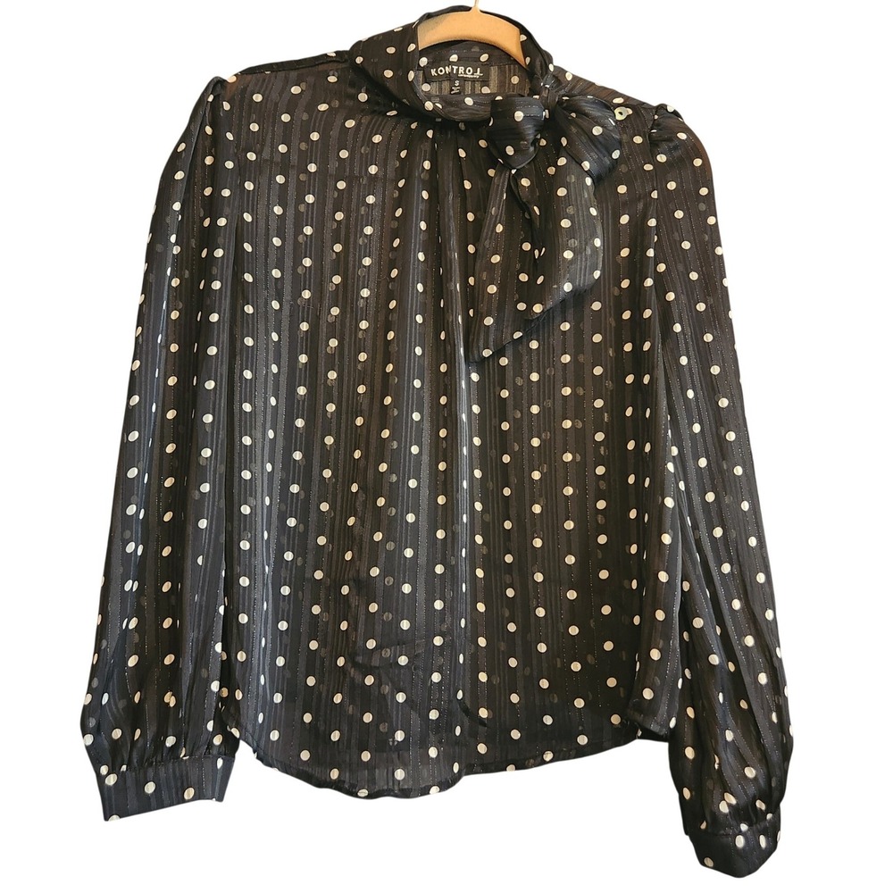 Kontrol Contemporary Blouse Womens Small Black Polka Dot Excellent Pussybow Top